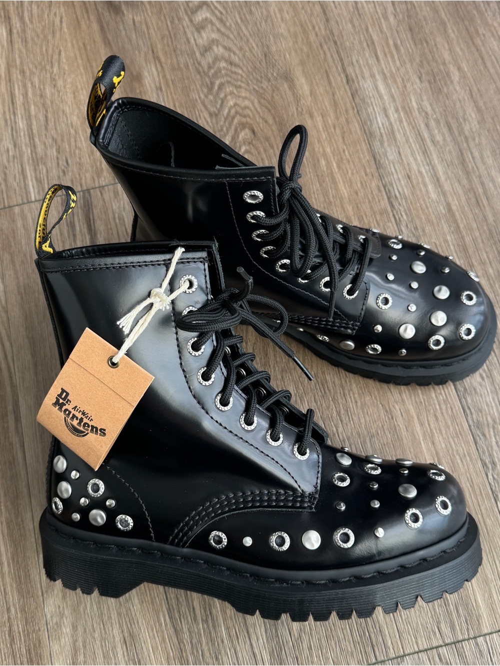 Dr. Martens 1460 HDW Black Leather Lace-Up Combat Boots Silver Studs